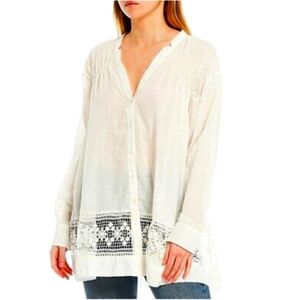 FREE PEOPLE Green Gardens Boho Ivory Crochet Tunic Top - Size XS